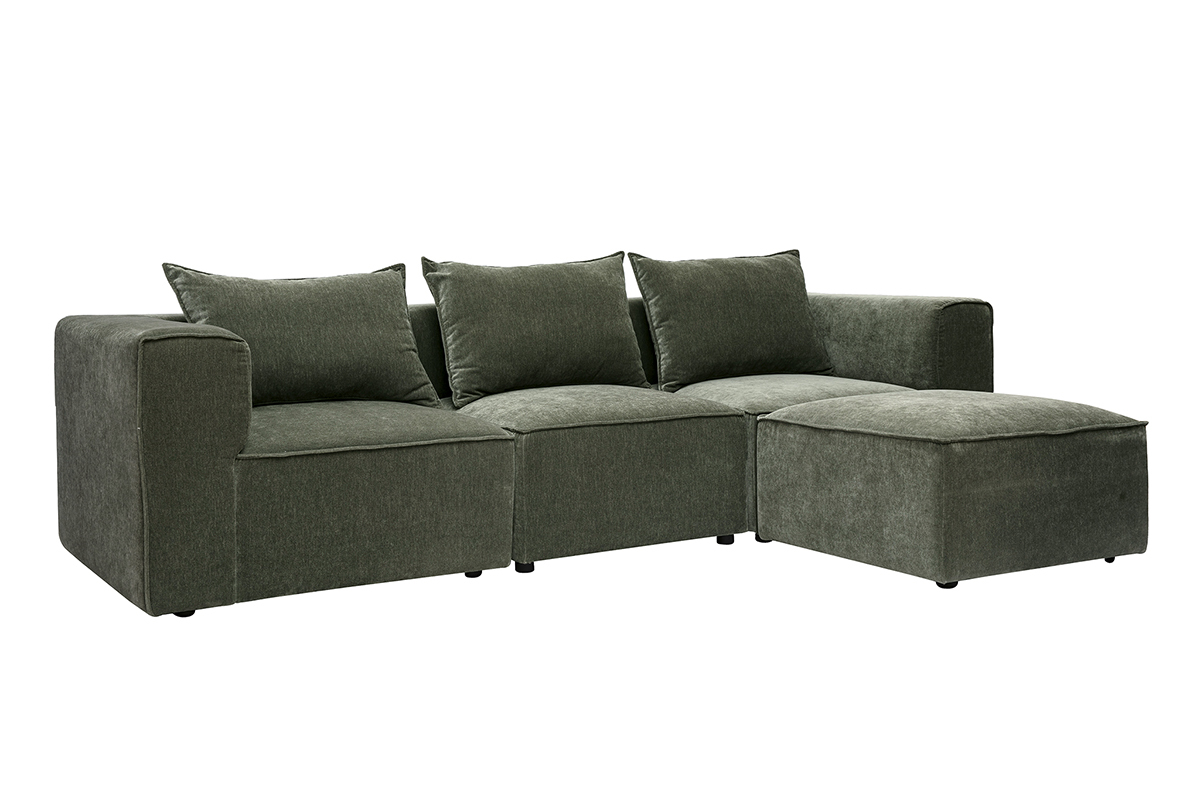 Canap� d'angle modulable 4 places en tissu effet velours vert kaki, vue de 3/4.