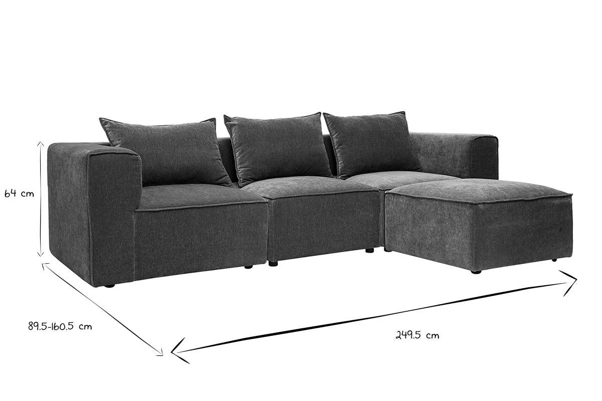 Dimensions du canap� d'angle modulable KERRY en noir et blanc, L249,5 x P89,5 x H64 cm.