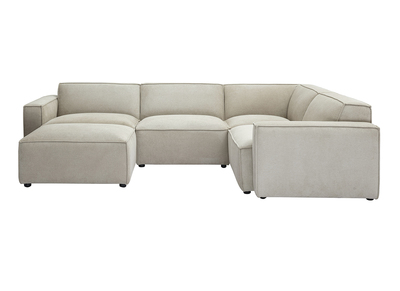 Canap&eacute; d'angle modulable 5 places et pouf en tissu effet velours textur&eacute; beige SPLIT