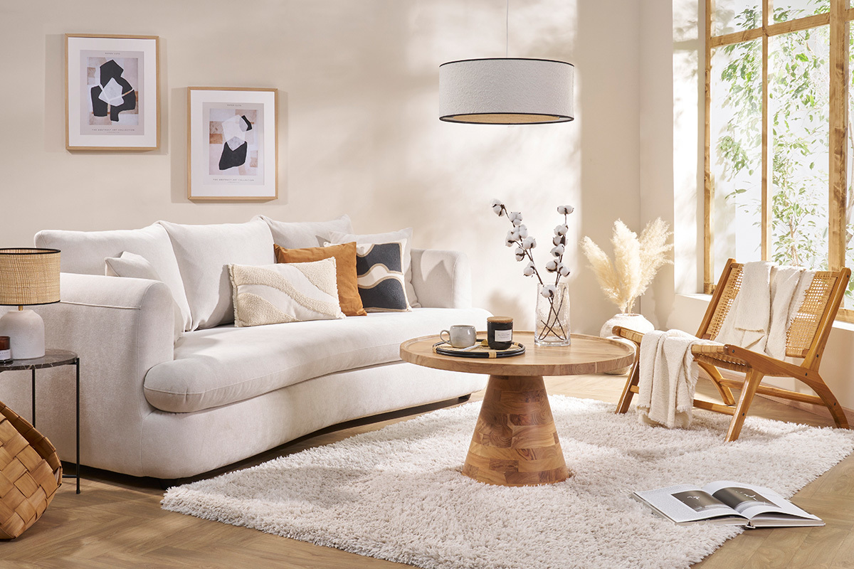 Canap� d�houssable 3-4 places design haricot en tissu effet velours beige clair SACHA