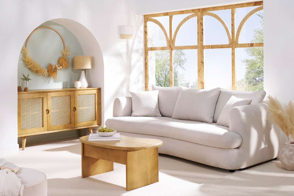 Canap� d�houssable 3-4 places design haricot en tissu effet velours beige clair SACHA