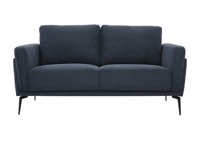 Canap&eacute; design 2 places en tissu effet velours textur&eacute; bleu fonc&eacute; et m&eacute;tal noir MOSCO