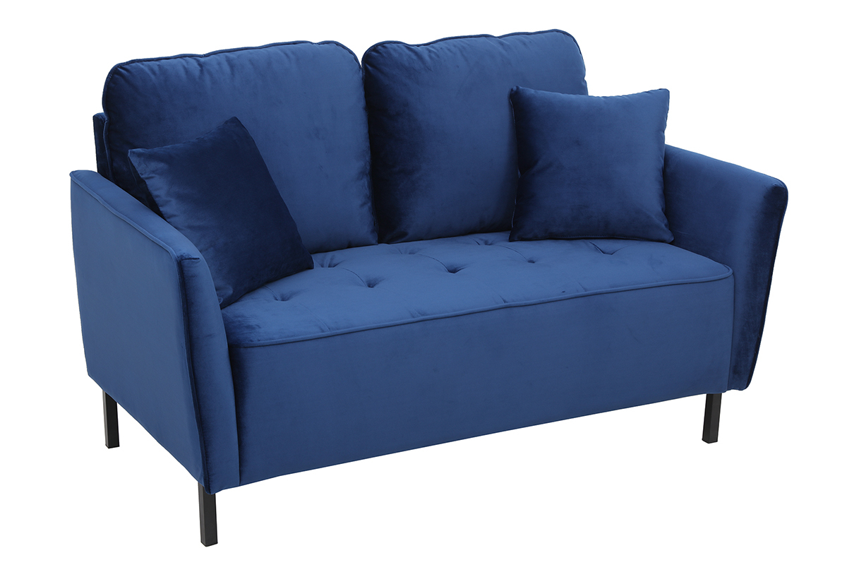 Canap� design 2 places en tissu velours bleu nuit et m�tal noir BEKA