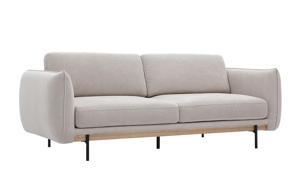 Canap� 3 places en tissu beige avec pieds en m�tal noir, vue de 3/4.