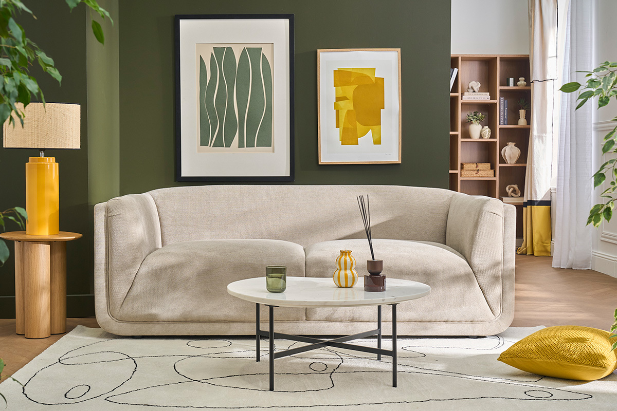 Canap� design 3 places en tissu chenille beige HOSBO