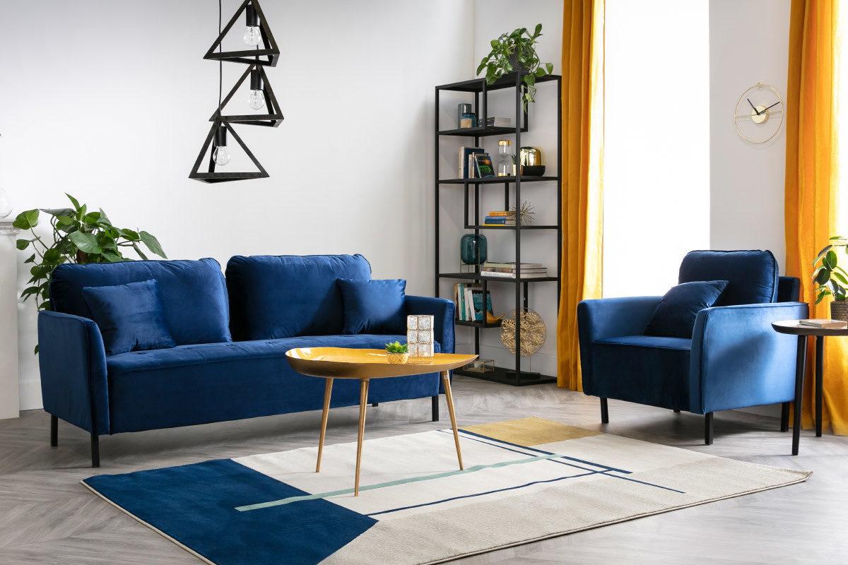 Canap� design 3 places en tissu velours bleu fonc� et m�tal noir BEKA