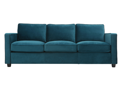 Canap&eacute; design 3 places en tissu velours bleu p&eacute;trole et bois noir BROOKLYN