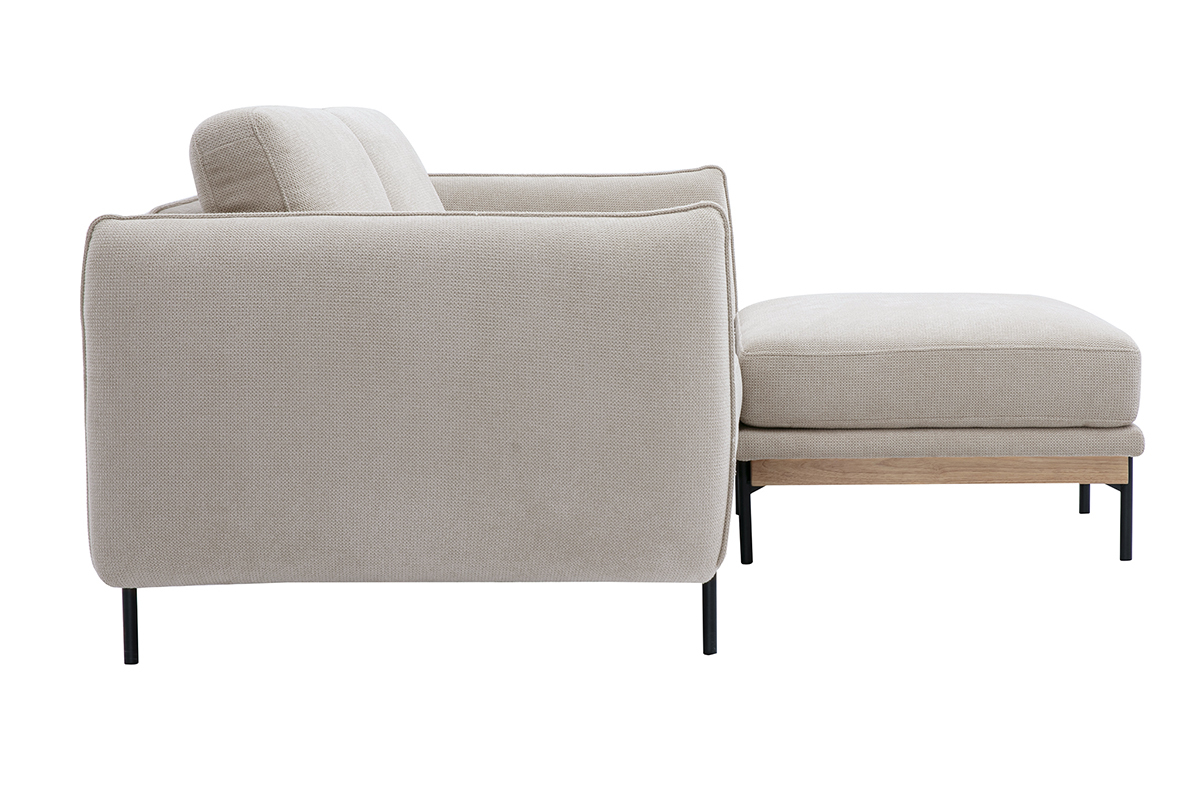 Canap� design 3 places en tissu beige avec repose-pieds, vue de c�t�, pieds en m�tal noir.