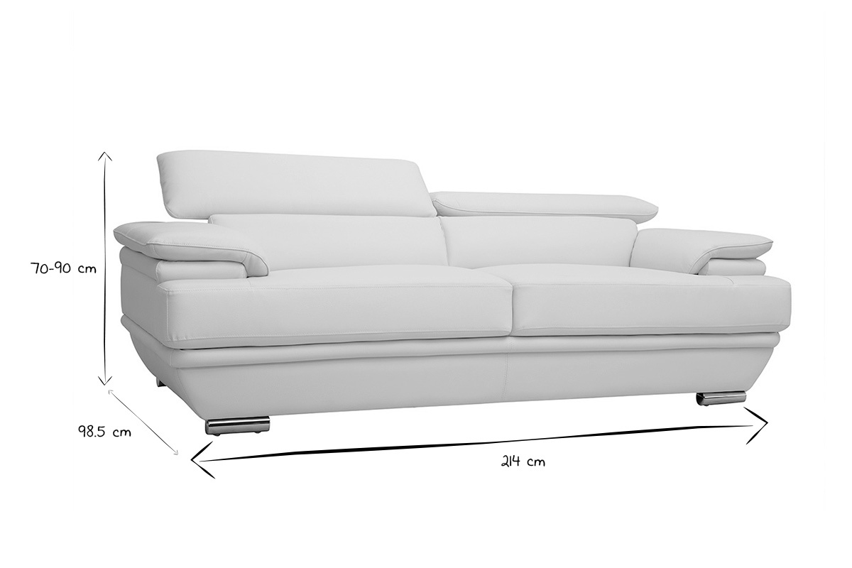 Canap� design avec t�ti�res ajustables 3 places cuir blanc et acier chrom� EWING