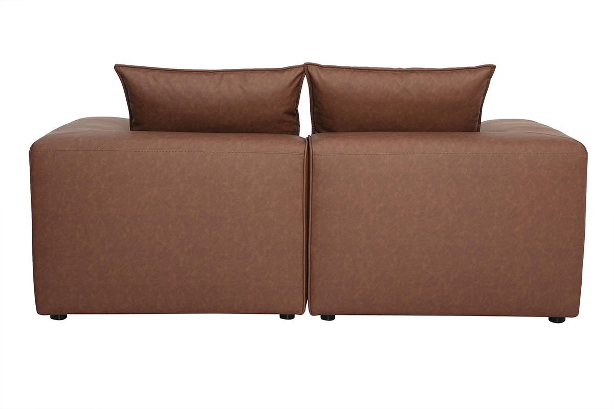 Canap� modulable 2 places en cuir marron FERGUS, vue de dos avec coussins