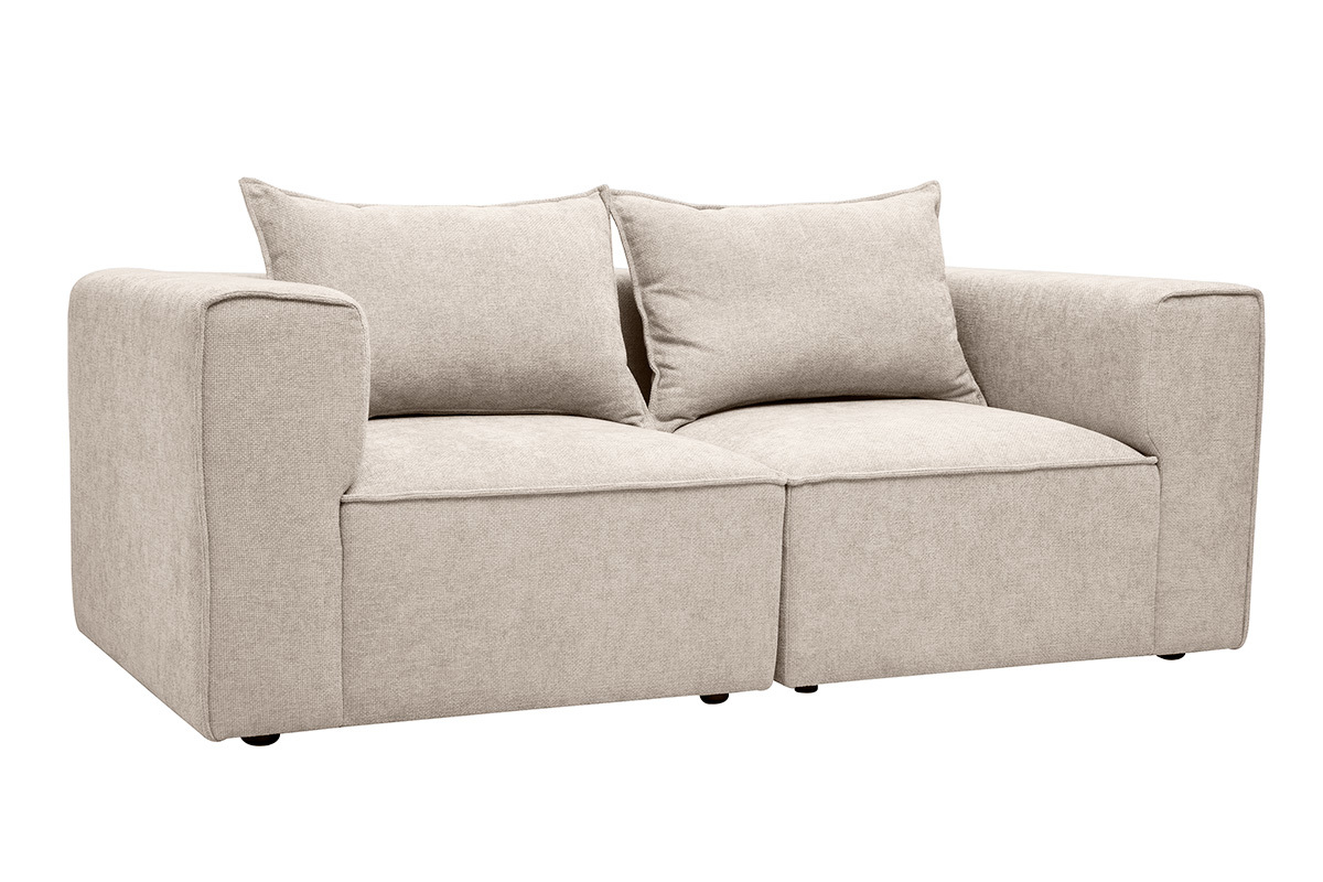 Canap� modulable 2 places en tissu effet velours textur� beige, vue de 3/4, avec coussins de dossier.