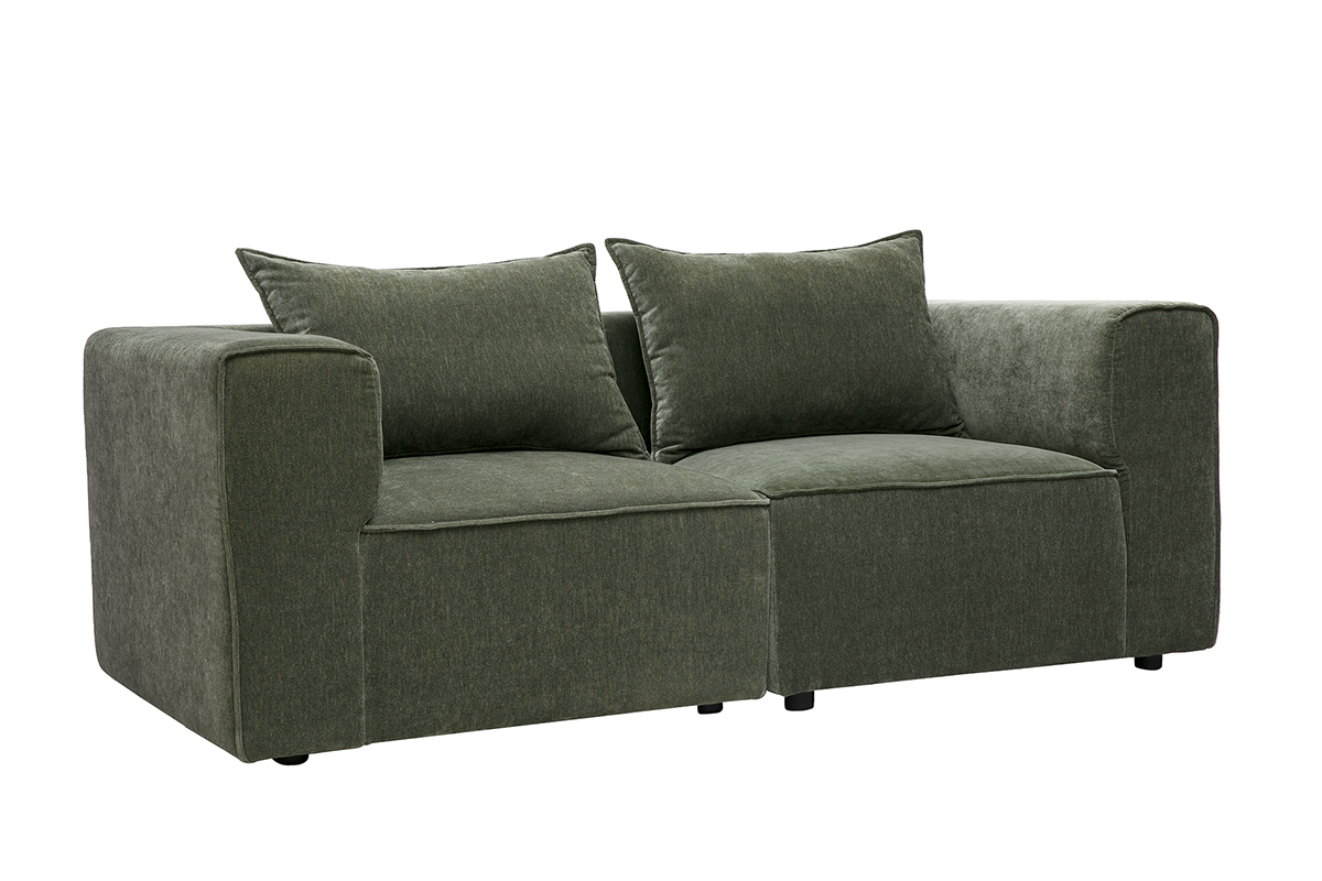 Canap� modulable 2 places en tissu effet velours vert kaki KERRY, vue de 3/4
