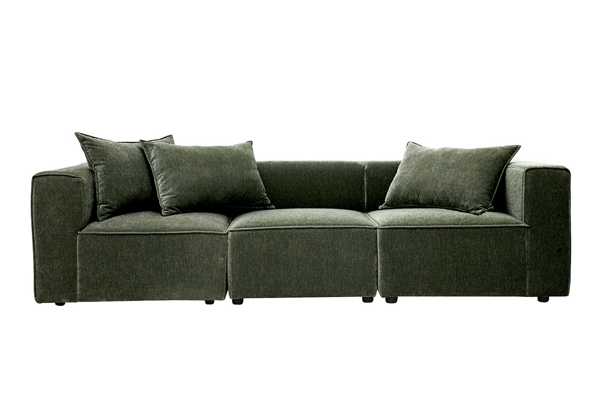 Canap� modulable 4 places en tissu effet velours vert kaki, vue de face avec coussins.