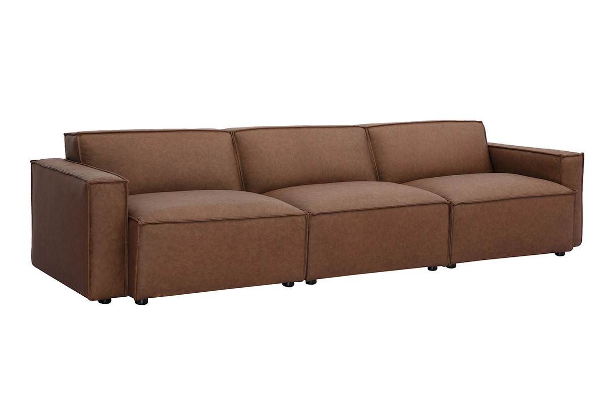 Canap� modulable 4 places en cuir marron SPLIT, vue de 3/4