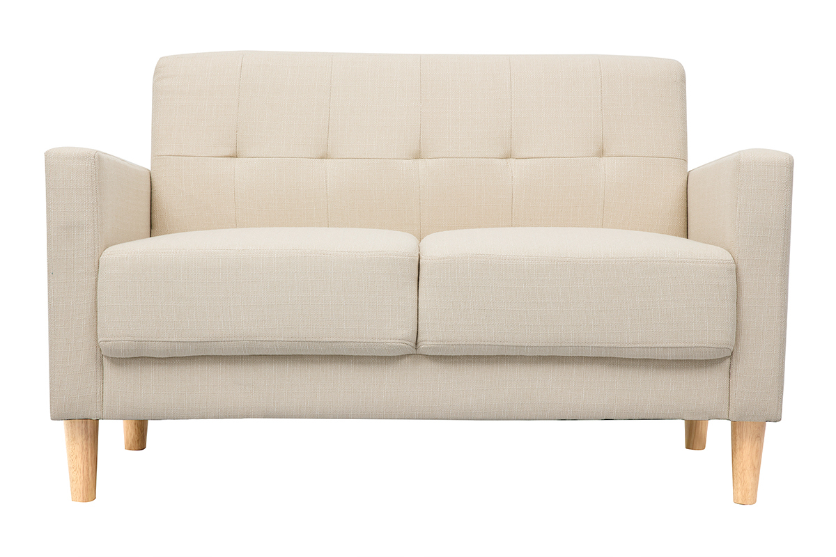 Canap� scandinave 2 places en tissu beige et bois clair, vue de face
