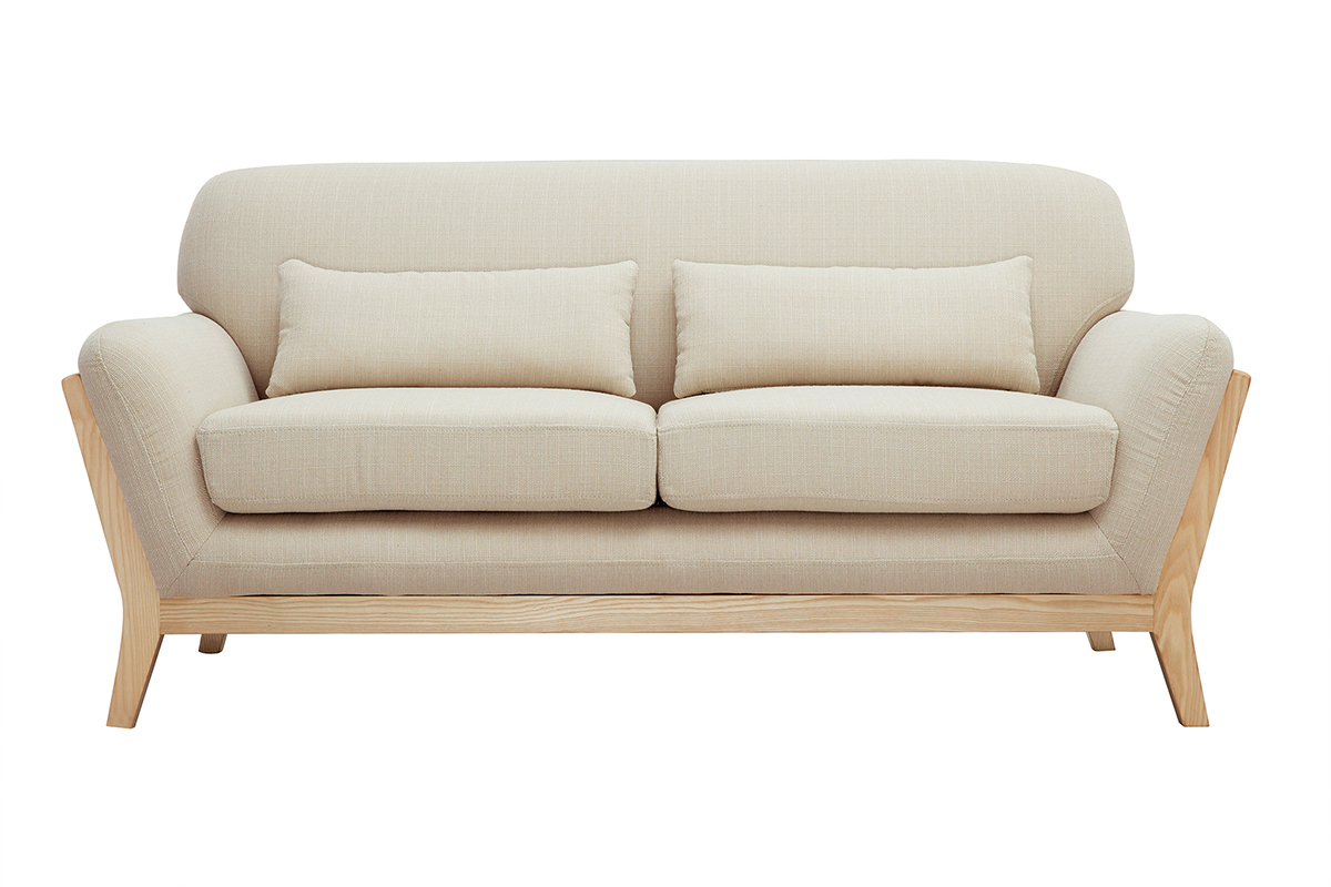 Canap� scandinave 2 places en tissu beige et bois clair YOKO