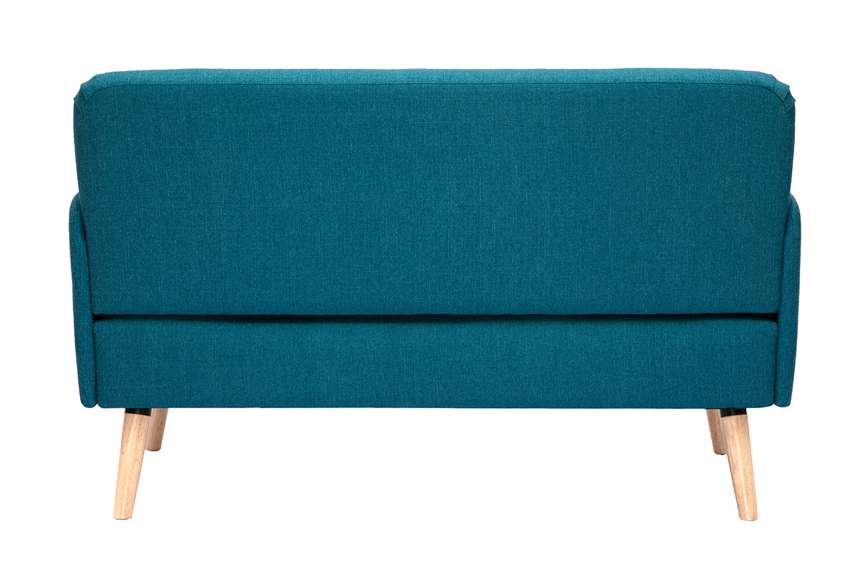 Vue de dos du canap� scandinave 2 places en tissu bleu canard et bois clair ISKO.