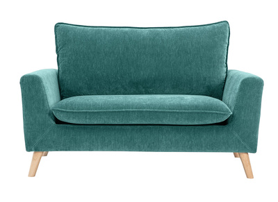 Canap&eacute; scandinave 2 places en tissu effet velours bleu canard et bois clair JONAS