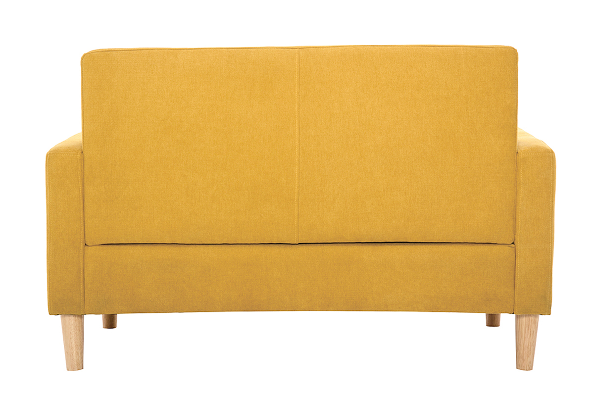 Canap� scandinave 2 places jaune moutarde vu de dos, pieds en bois clair.