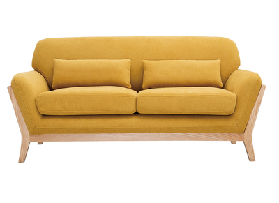 Canap&eacute; scandinave 2 places en tissu effet velours jaune moutarde et bois clair YOKO