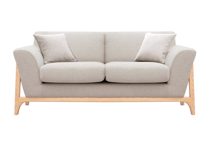 Canap&eacute; scandinave 2 places en tissu effet velours textur&eacute; beige et bois clair ASAKO
