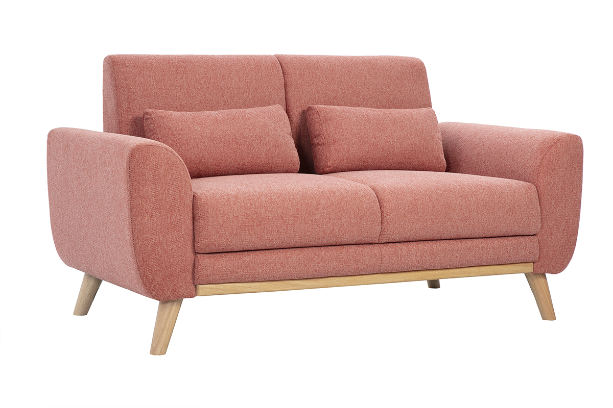 Canap� scandinave 2 places en tissu terracotta, vue de 3/4.