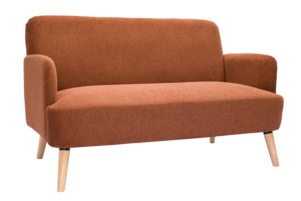 Canap� scandinave 2 places en tissu effet velours textur� terre br�l�e et bois clair ISKO