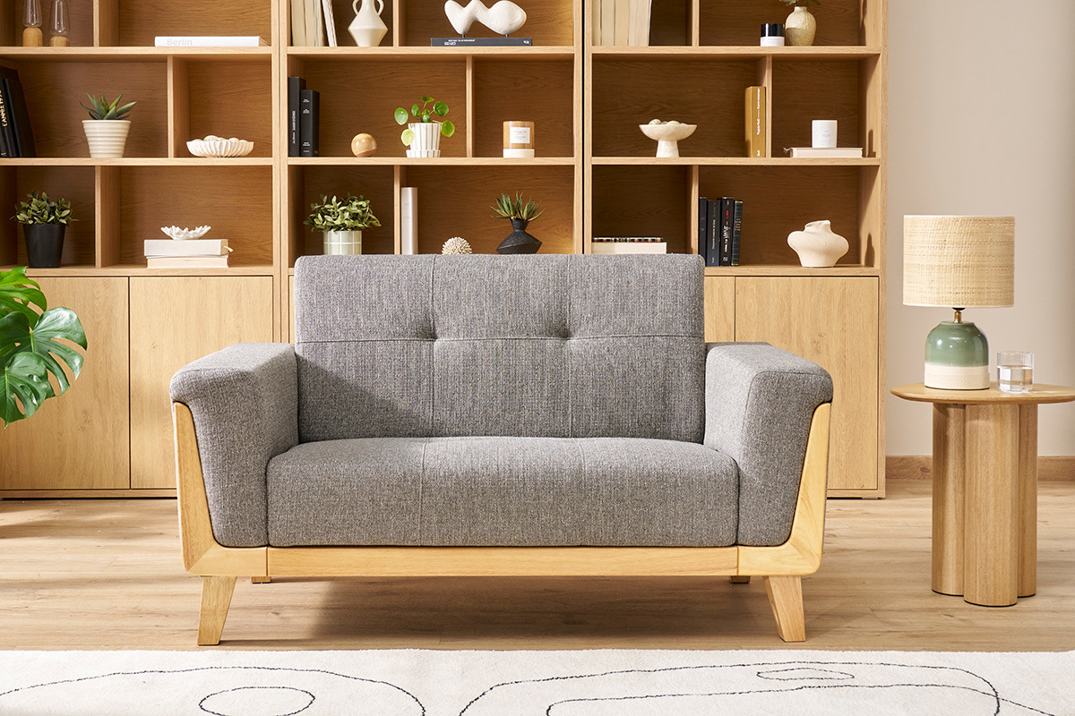 Canap� scandinave 2 places en tissu gris et bois clair FJORD