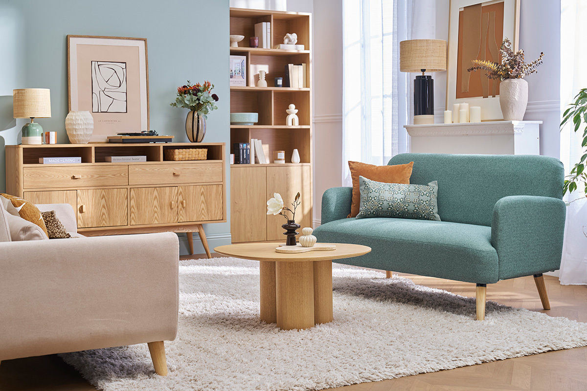 Canap� scandinave 2 places en tissu vert de gris et bois clair ISKO
