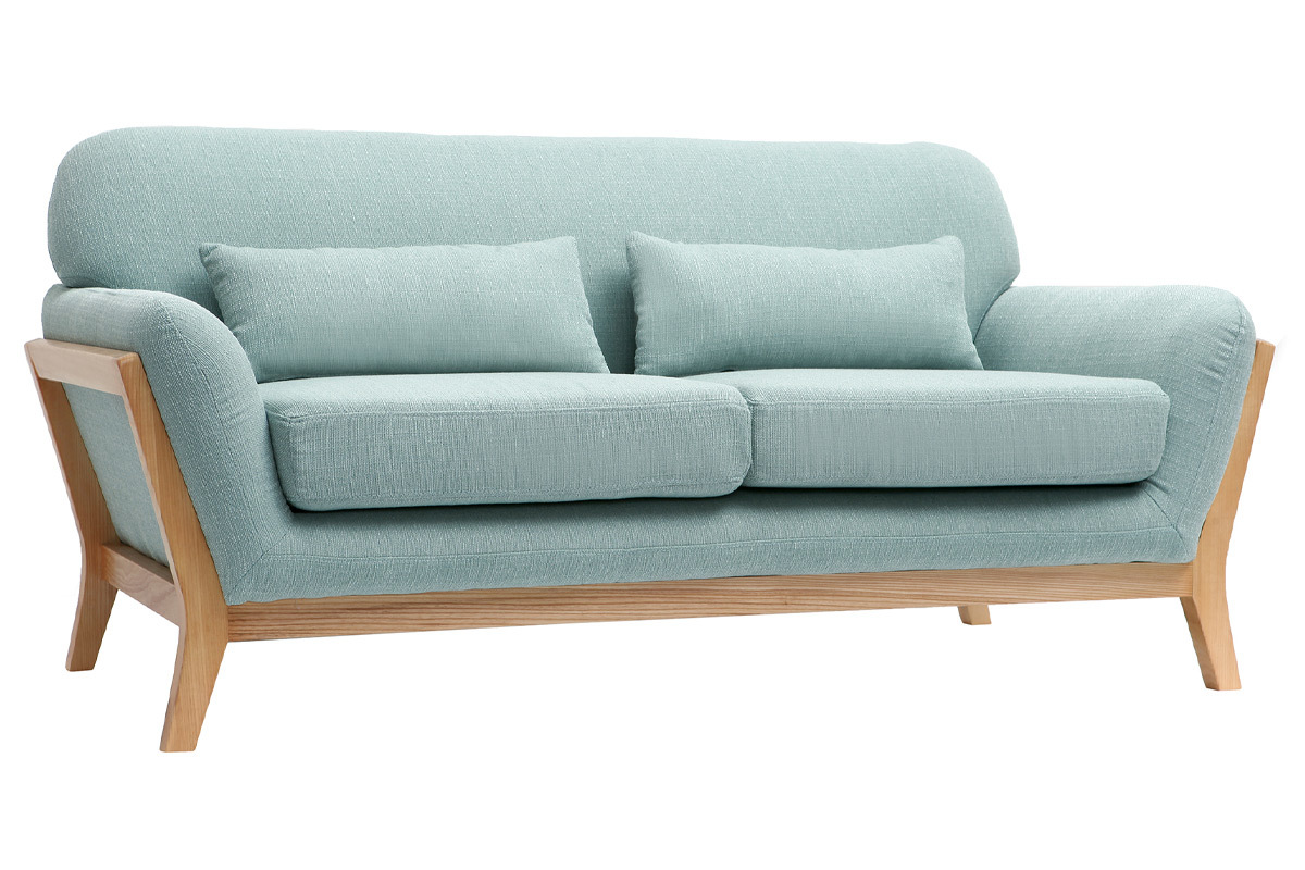 Canap� scandinave 2 places en tissu vert lagon et bois clair YOKO