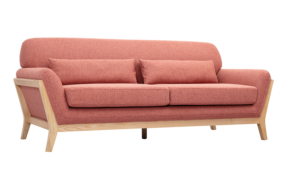 Canap� scandinave 3 places en tissu terracotta et bois clair, vue de 3/4.