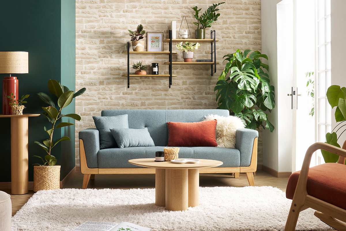 Canap� scandinave 3 places en tissu vert de gris et bois clair FJORD