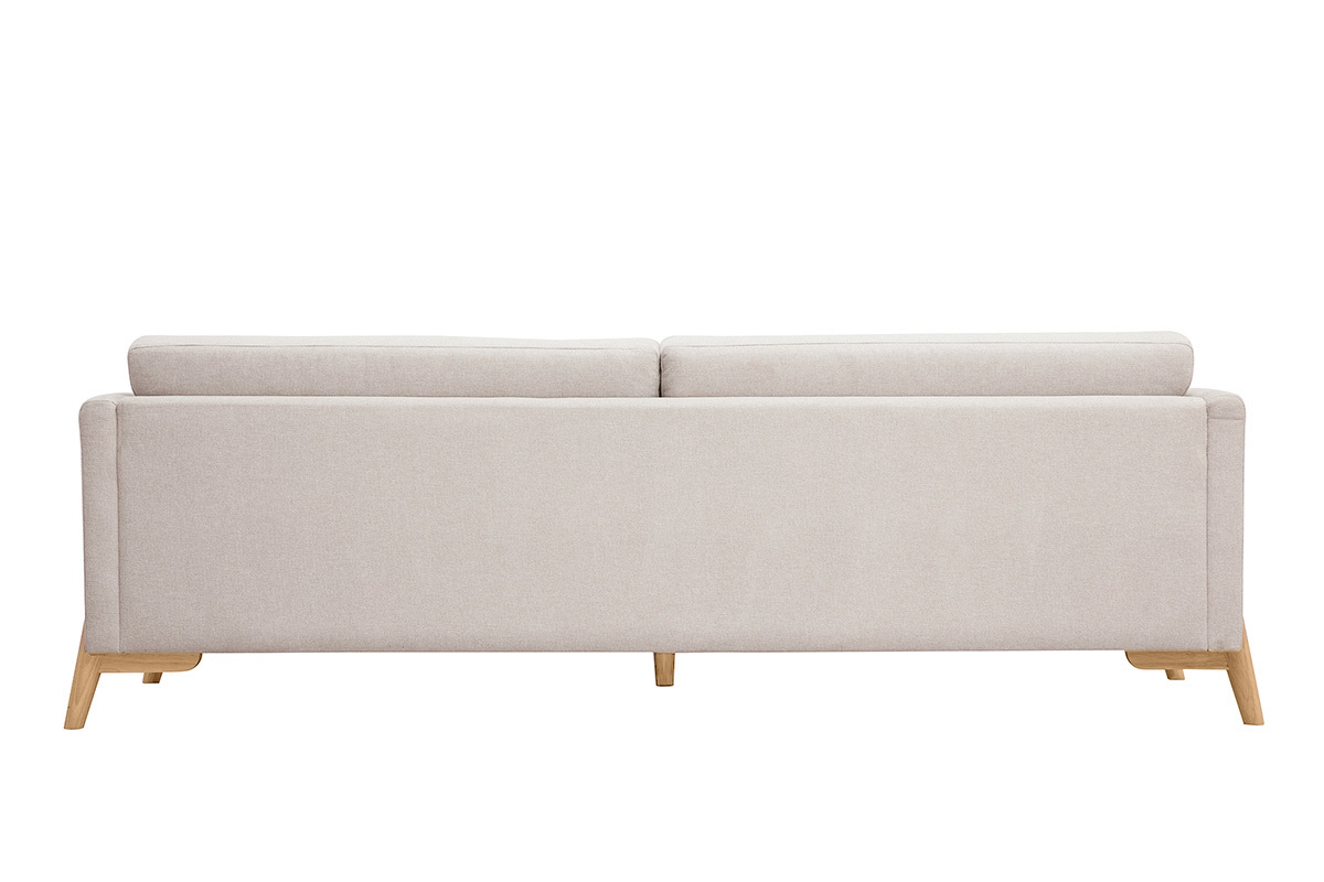 Canap� scandinave beige � 4 places, vue de dos, pieds en bois clair.