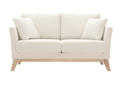 Canap&eacute; scandinave d&eacute;houssable 2 places en tissu effet laine boucl&eacute;e blanc cass&eacute; et bois clair OSLO