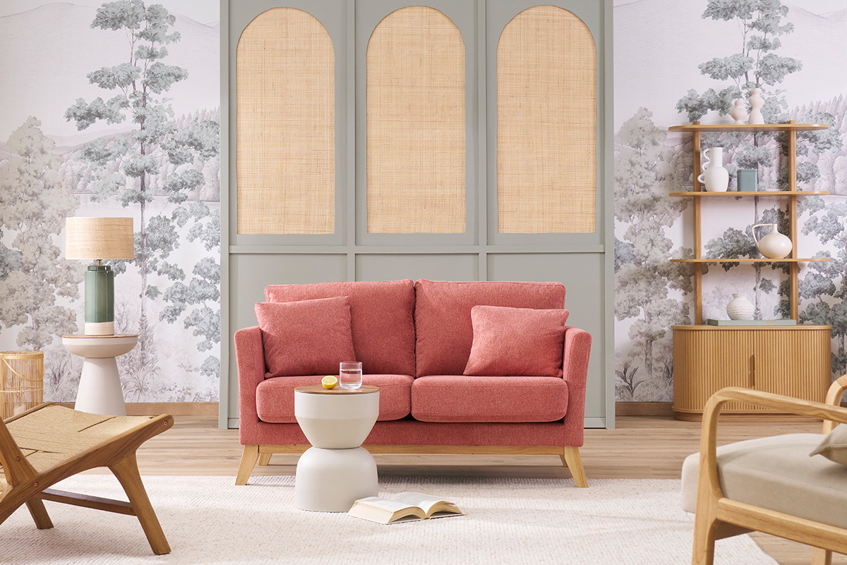 Canap� scandinave d�houssable 2 places en tissu effet velours textur� terracotta et bois clair OSLO