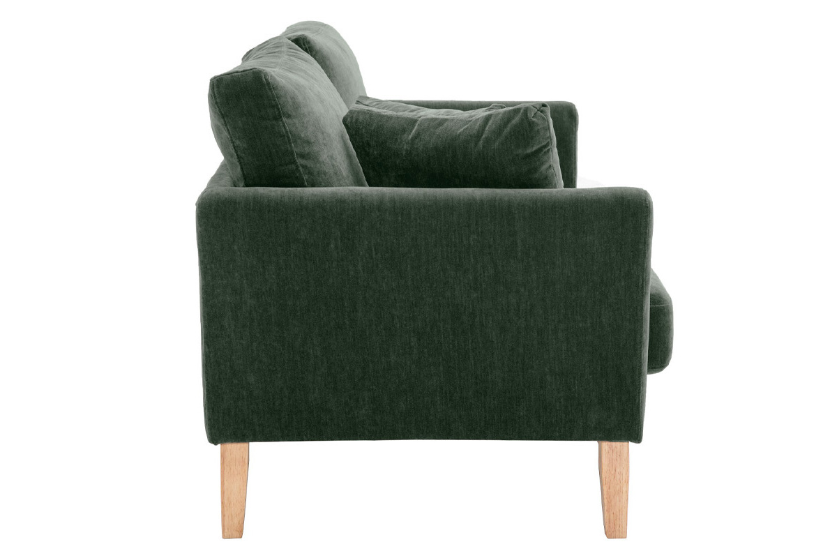 Canap� scandinave 2 places vert kaki vu de profil avec pieds en bois clair.