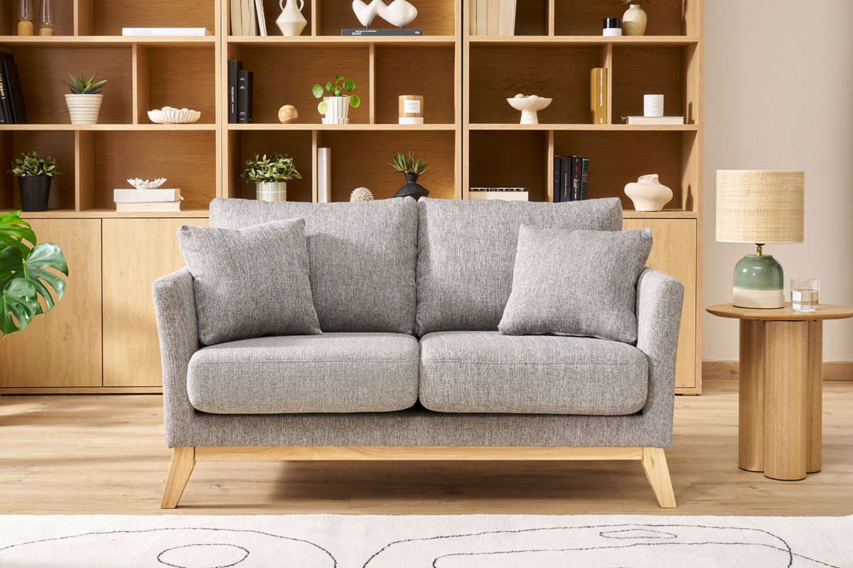 Canap� scandinave d�houssable 2 places en tissu gris clair et bois clair OSLO