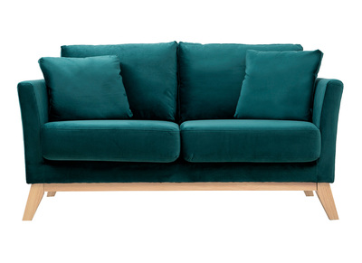 Canap&eacute; scandinave d&eacute;houssable 2 places en tissu velours bleu p&eacute;trole et bois clair OSLO