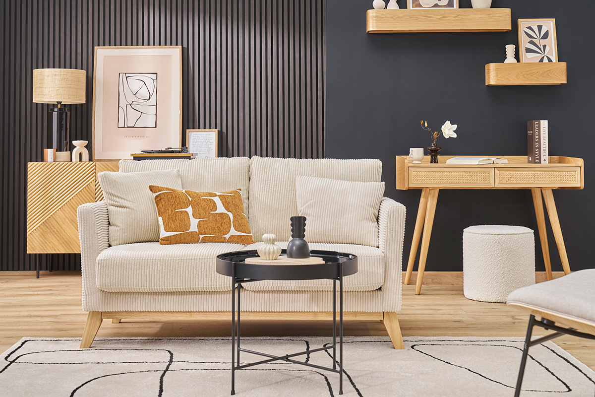 Canap� scandinave d�houssable 2 places en tissu velours c�tel� beige et bois clair OSLO
