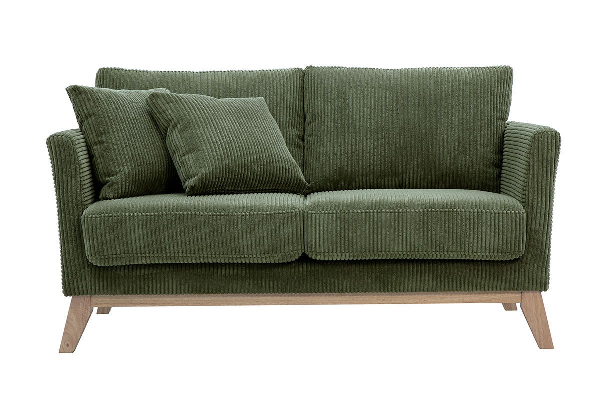 Canap� scandinave d�houssable 2 places en velours c�tel� vert kaki et bois clair