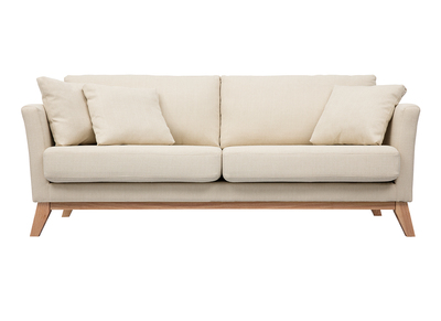 Canap&eacute; scandinave d&eacute;houssable 3 places en tissu beige et bois clair OSLO