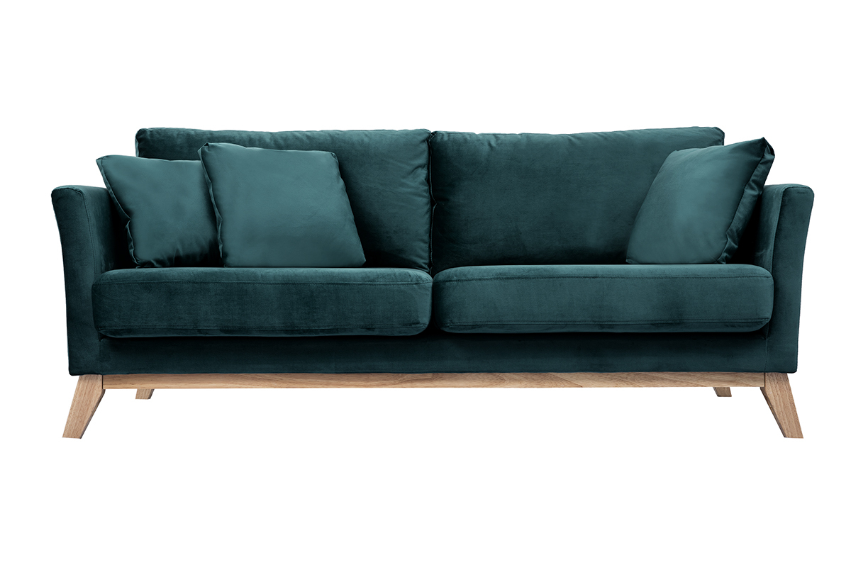 Canap� 3 places en velours bleu p�trole avec pieds en bois clair, vue de face.
