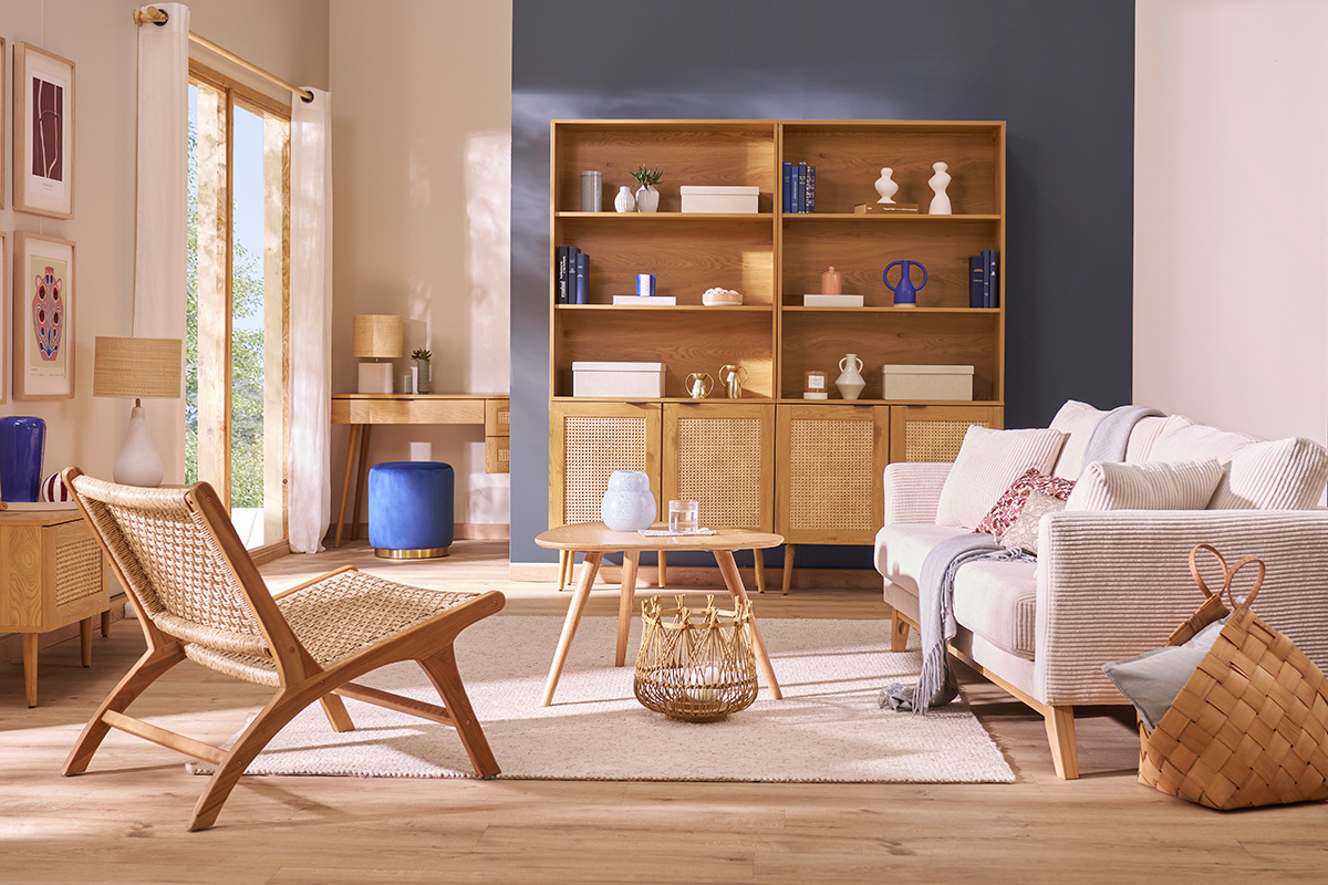 Canap� scandinave d�houssable 3 places en tissu velours c�tel� beige et bois clair OSLO