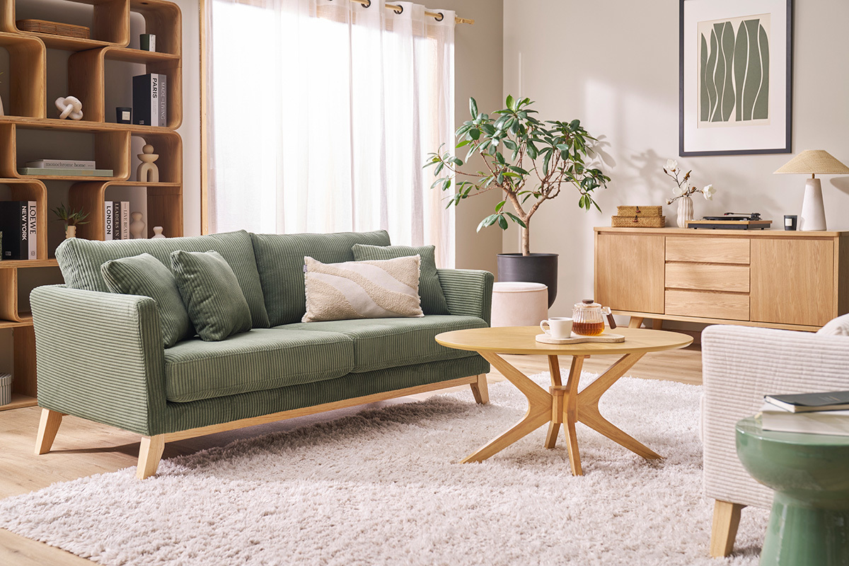 Canap� scandinave d�houssable 3 places en tissu velours c�tel� vert kaki et bois clair OSLO