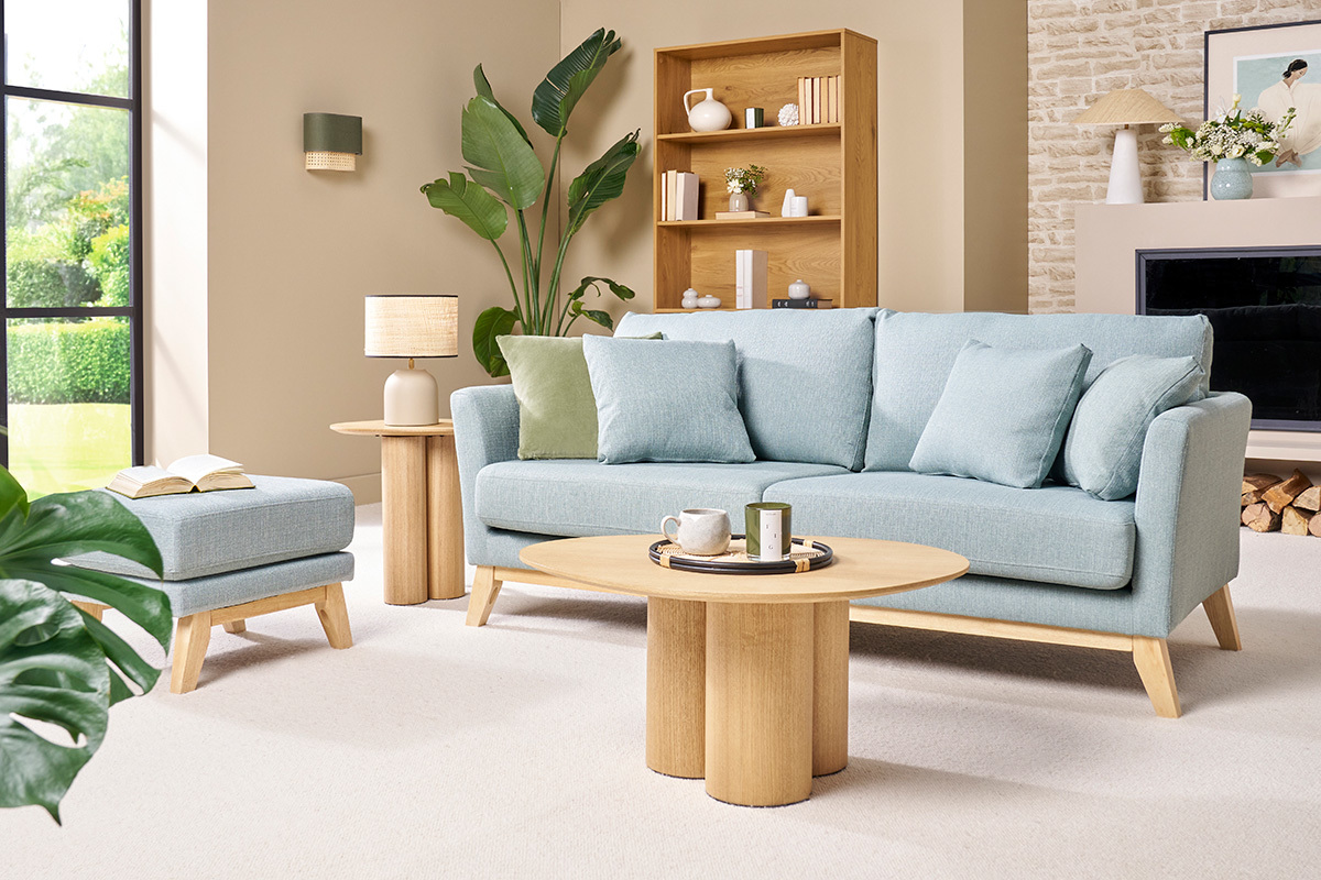 Canap� scandinave d�houssable 3 places en tissu vert lagon et bois clair OSLO