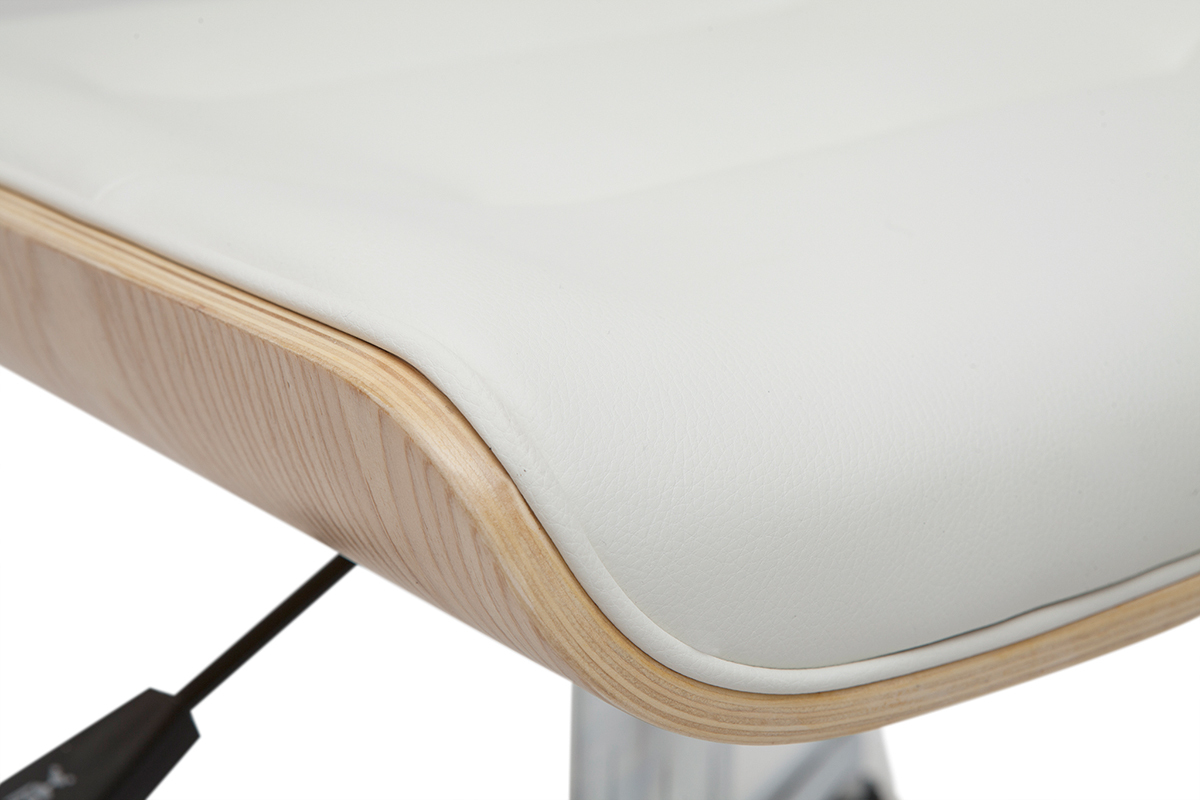 Chaise de bureau � roulettes design blanc, bois clair et acier chrom� ARAMON