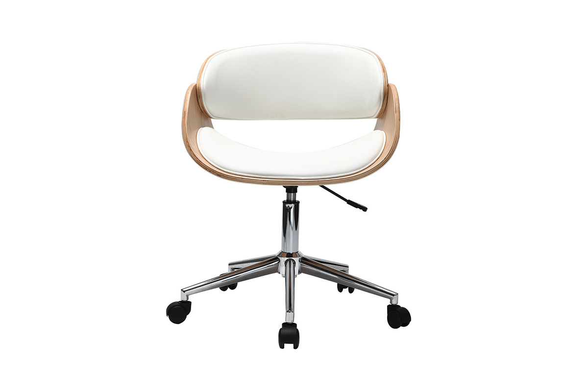 Chaise de bureau � roulettes design blanc, bois clair et acier chrom� BENT