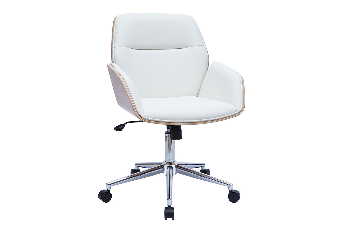 Chaise de bureau � roulettes design blanc, bois clair et acier chrom�  MARLOW