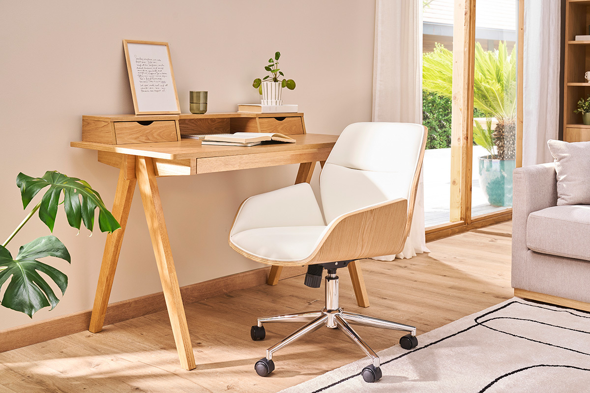 Chaise de bureau � roulettes design blanc, bois clair et acier chrom�  MARLOW