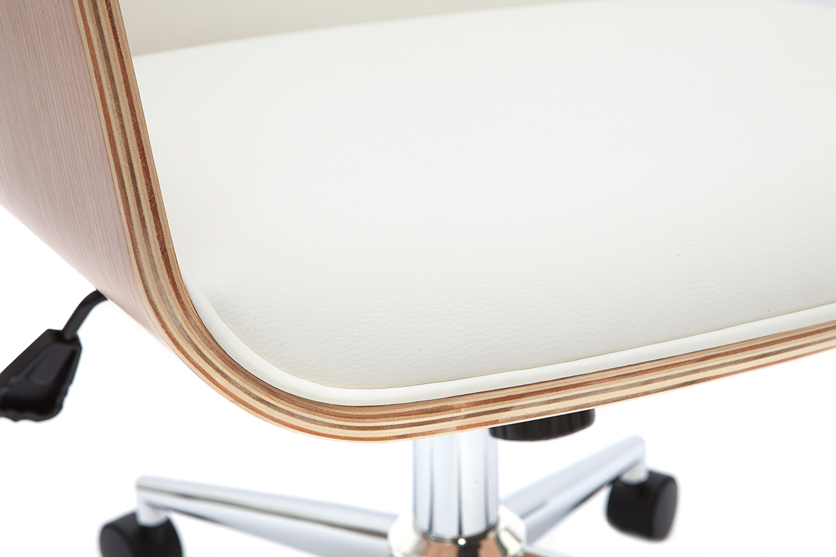 Chaise de bureau � roulettes design blanc, bois clair et acier chrom� RUFIN